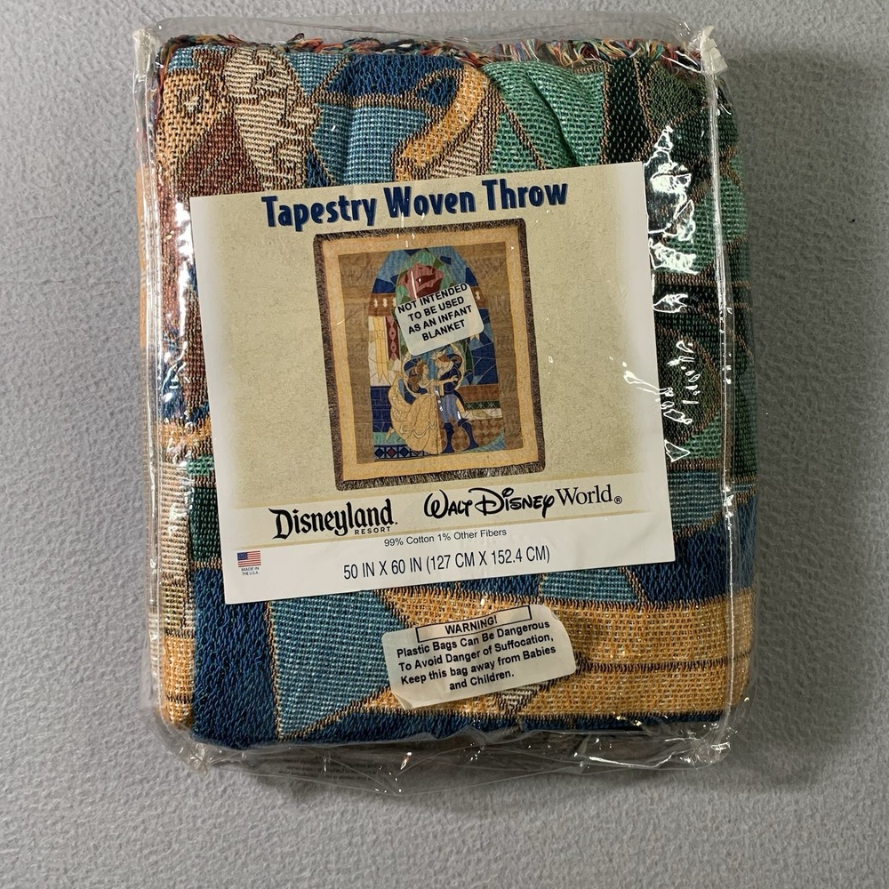 VTG NEW Disney Beauty and the Beast Stained Glass Tapestry Throw Blanket 65 X 55